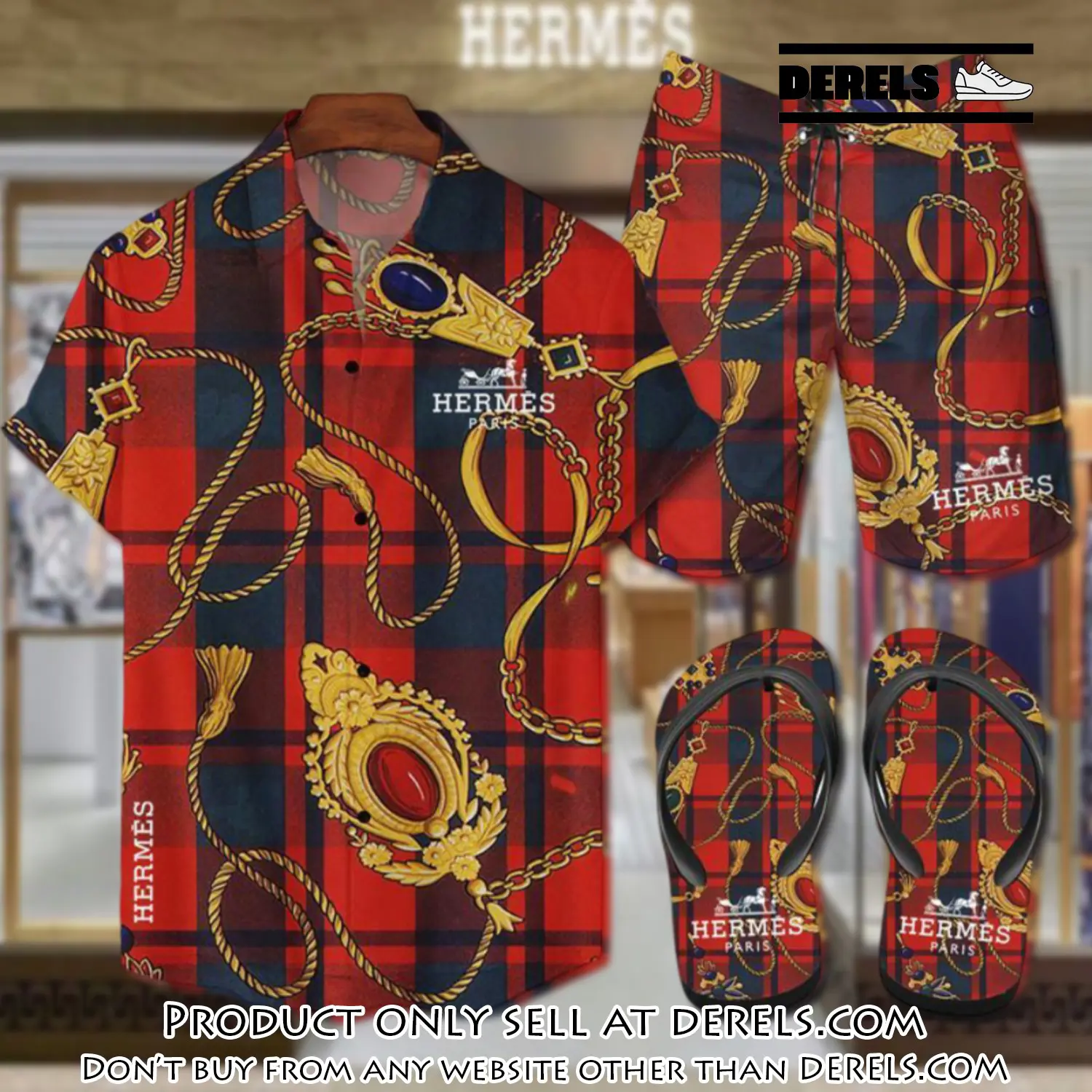 Hermes flip flops and combo hawaii shirt shorts luxury brand summer outfit hsf081 dr2518427